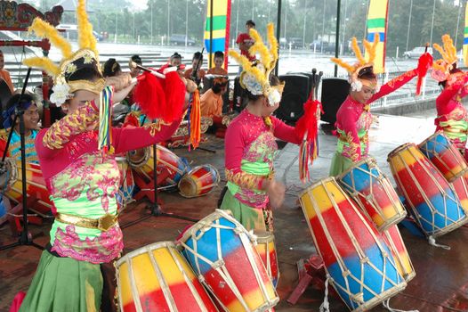 Bandung, Indonesia - March 9, 2008: Rampak Kendang dance that performed at Tegalega Park Bandung, West Java-Indonesia.