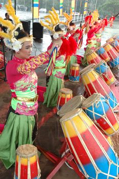 Bandung, Indonesia - March 9, 2008: Rampak Kendang dance that performed at Tegalega Park Bandung, West Java-Indonesia.