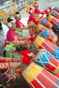 Bandung, Indonesia - March 9, 2008: Rampak Kendang dance that performed at Tegalega Park Bandung, West Java-Indonesia.