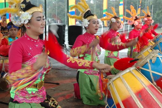 Bandung, Indonesia - March 9, 2008: Rampak Kendang dance that performed at Tegalega Park Bandung, West Java-Indonesia.