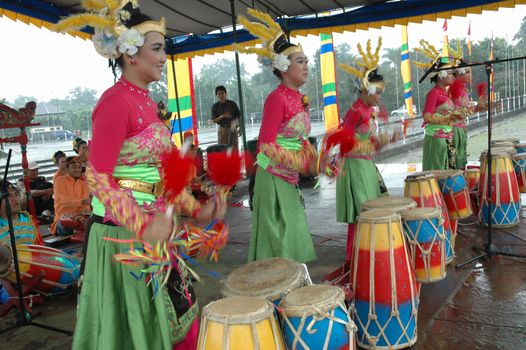 Bandung, Indonesia - March 9, 2008: Rampak Kendang dance that performed at Tegalega Park Bandung, West Java-Indonesia.