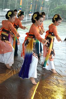 Bandung, Indonesia - March 9, 2008: Jaipong dancers that performed at Tegalega Park Bandung, West Java-Indonesia.