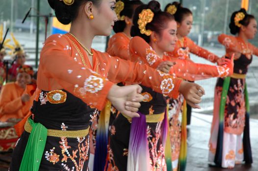 Bandung, Indonesia - March 9, 2008: Jaipong dancers that performed at Tegalega Park Bandung, West Java-Indonesia.