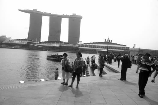 Singapore, Singapore - January 18, 2014: Group of tourist that visiting Merlion Park Singapore.