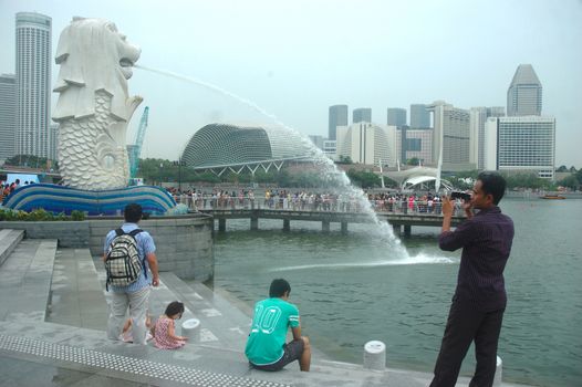 Singapore, Singapore - April 14, 2013: Merlion statue that become iconic of Singapore country.