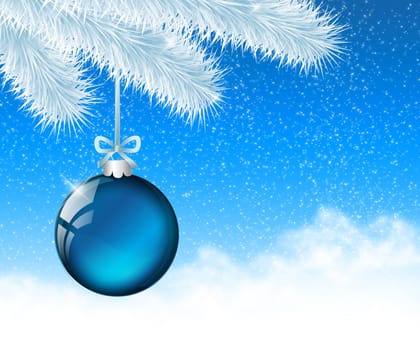 christmas blue ball hanging on the white christmas tree
