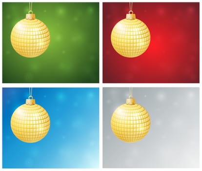 four christmas bnners composed from hanging golden ball on the blue,red,grey and green backgrounds