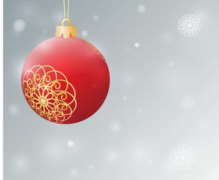red christmas ball with golden decor on the gray background