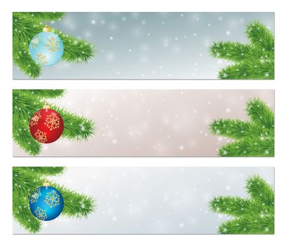 christmas banners with balls decorated golden snowflakes
