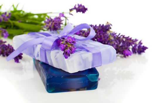 natural herbal lavender soap with fresh blossoms isolated on white background