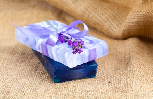 Natural handmade lavender soap on sackcloth
