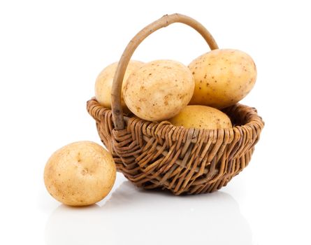 Golden Potatoes in wicker basket over white background