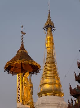 Detail at dusk of the Shwedagon Pagoda in Yangon, the capital of Republic of the Union of Myanmar.