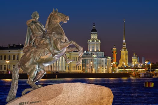 Night view of the center ST.PETERSBURG, and the monument "Peter 1"