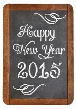 happy new year 2015 greetings on a vintage slate blackboard