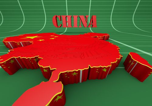 3D map of China in Chinese flag colors.