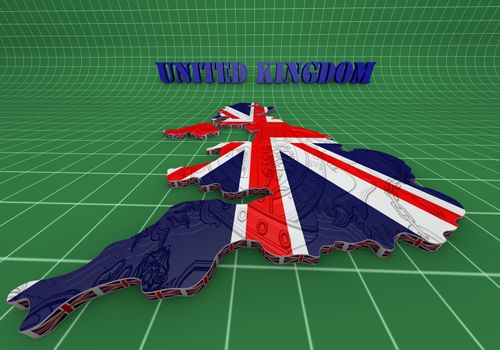 3D Illustration of United Kingdom map with as Flag