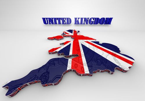 3D Illustration of United Kingdom map with as Flag