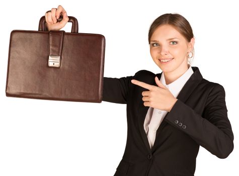 Business woman hold briefcase in hand. Isolated on white background