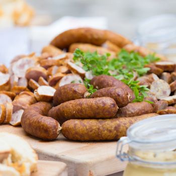 Dry sausage cold cuts. A variety of dry cold smoked meat products with herbs and mustard and  horseradish spreadon a wooden cutting board. 