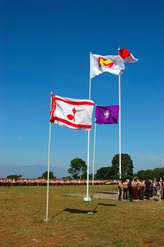 Jatinangor, Indonesia - July 9, 2007: Regional Rover Moot flags that consist of Indonesian flag, World Scout flag, National Scout flag and Regional Rover Moot flag at Jatinangor Camp Area, Sumedang-Indonesia.