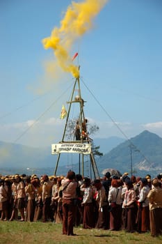 Jatinangor, Indonesia - July 9, 2007: Indonesian rover scout gathered together to attend Regional Rover Moot at Jatinangor Camp Area, Sumedang-Indonesia.