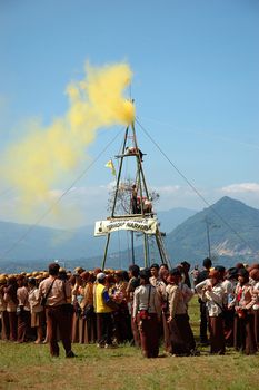 Jatinangor, Indonesia - July 9, 2007: Indonesian rover scout gathered together to attend Regional Rover Moot at Jatinangor Camp Area, Sumedang-Indonesia.