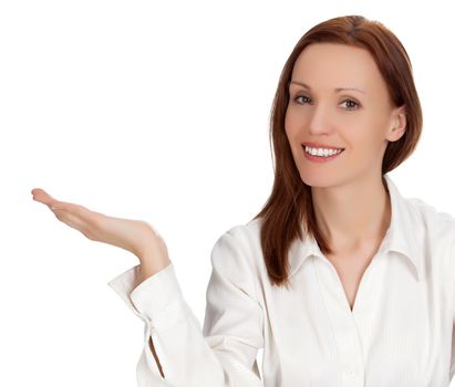 Businesswoman shows something on her palm, white background, copyspace