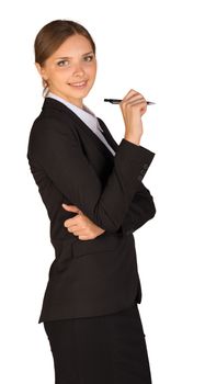 Beautiful girl in business suit holding pen. Isolated on white background