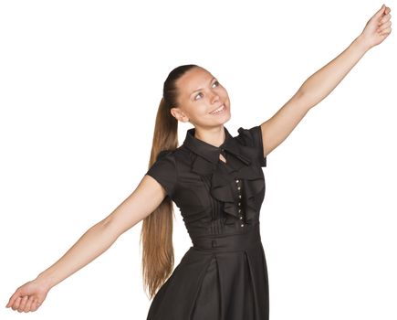 Happy young woman arms open. Isolated on white