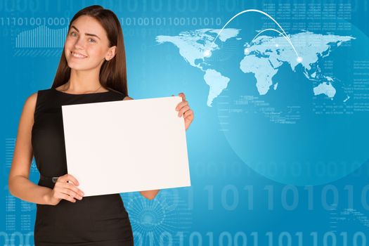 Businesswoman hold paper sheet. World map with lines and figures as backdrop