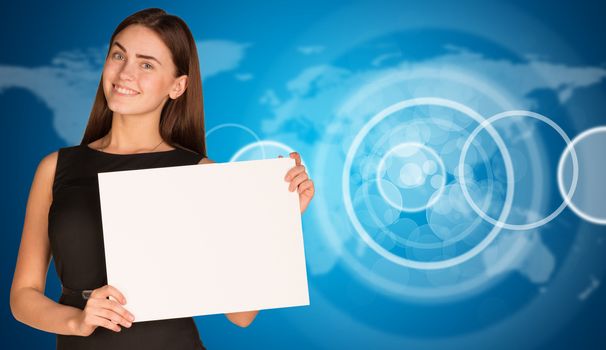 Businesswoman hold paper sheet. Empty circle frames and world map as backdrop