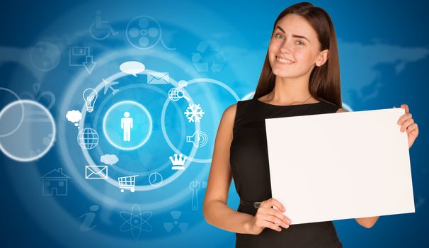 Businesswoman hold paper sheet. Cloud icons and world map as backdrop