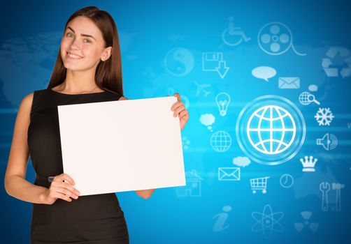 Businesswoman hold paper sheet. Cloud icons and world map as backdrop