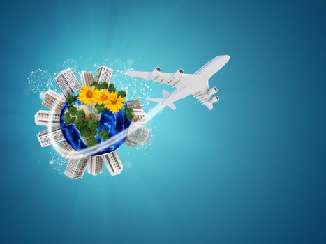 Earth with buildings on surface. Airplane and network icons. Elements of this image are furnished by NASA