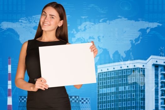 Businesswoman hold paper sheet. World map with graphs and building as backdrop
