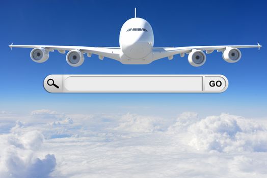 Search bar in browser. Airplane in the sky on background