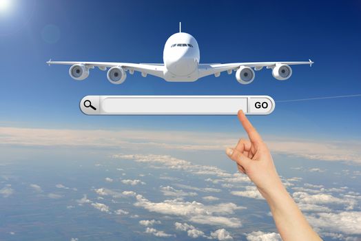 Human hand indicates the search bar in browser. Airplane in the sky on background