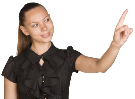 Woman touching virtual button. Isolated on white background