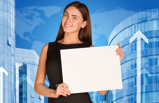Businesswoman hold paper sheet. Buildings and world map as backdrop