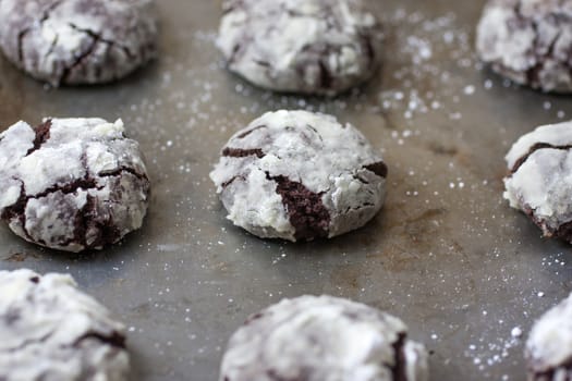 Chocolate crackle cookies with powdered sugar coating.