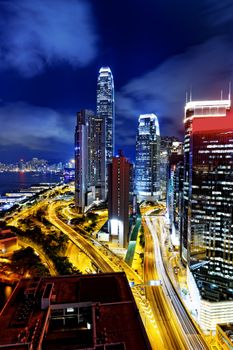 Hong Kong highrise buildings at night 