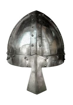 Isolated Viking Style Medieval Suite Of Armour Helmet With Nose Protector On White Background