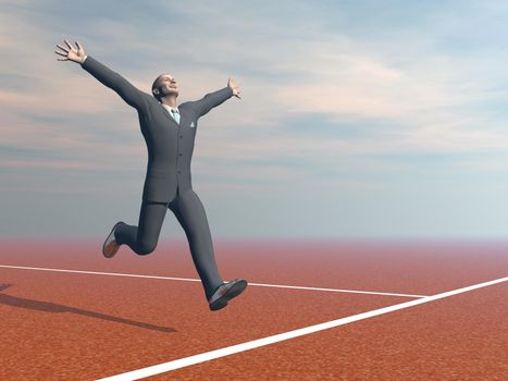 Businessman running happily to the finnishing line - 3D render