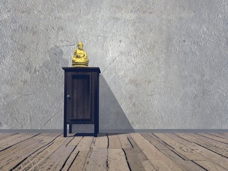 Religious room with Buddha on furniture - 3D render