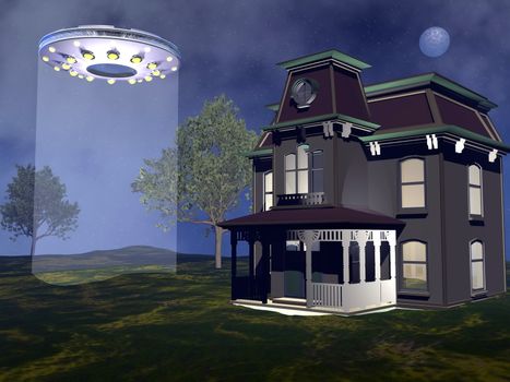 UFO landing next to a house by night - 3D render