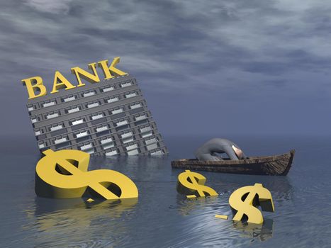 Dispair businessman on y boat surrounded with sinking dollar, euro and bank while bankruptcy - 3D render