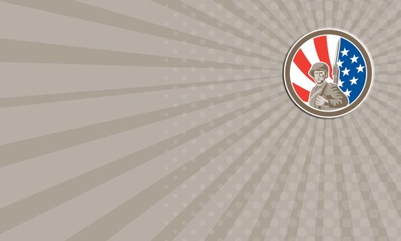 Business card showing illustration of an american world war two soldier serviceman military with bayonet set inside circle on stars and stripes background done in retro style. 
