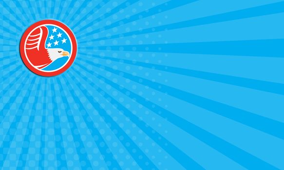 Business card showing illustration of a bald eagle flying viewed from the side with american stars in the background set inside a circle done in retro style.
