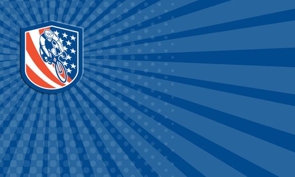 Business card showing illustration of a bicycle bike rider viewed from high angle with usa stars and stripes background set inside shield crest done in retro style. 